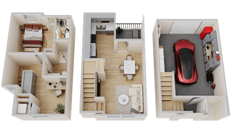 three dimensional floor plans of a house and a car
